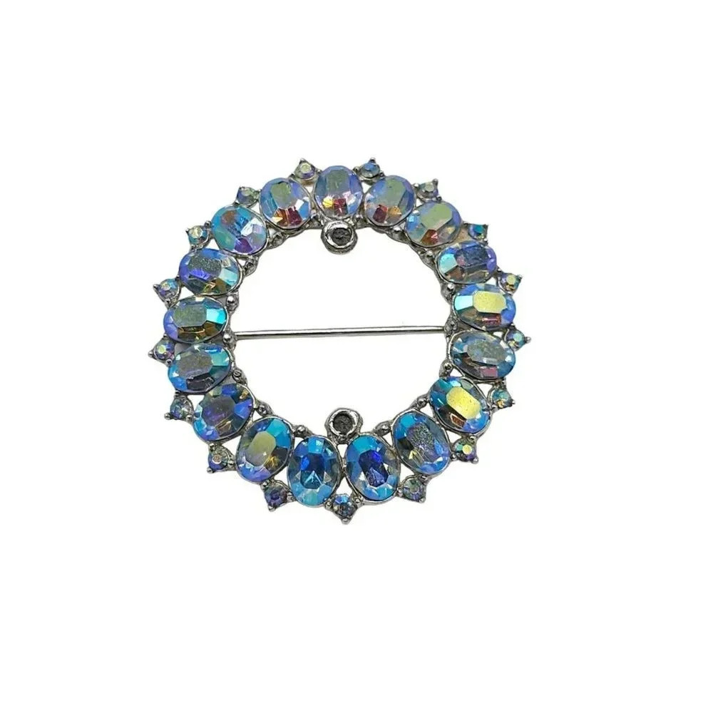 Trifari Blue Aurora Borealis Rhinestone Brooch Pin Silver Tone Vintage REPAIR